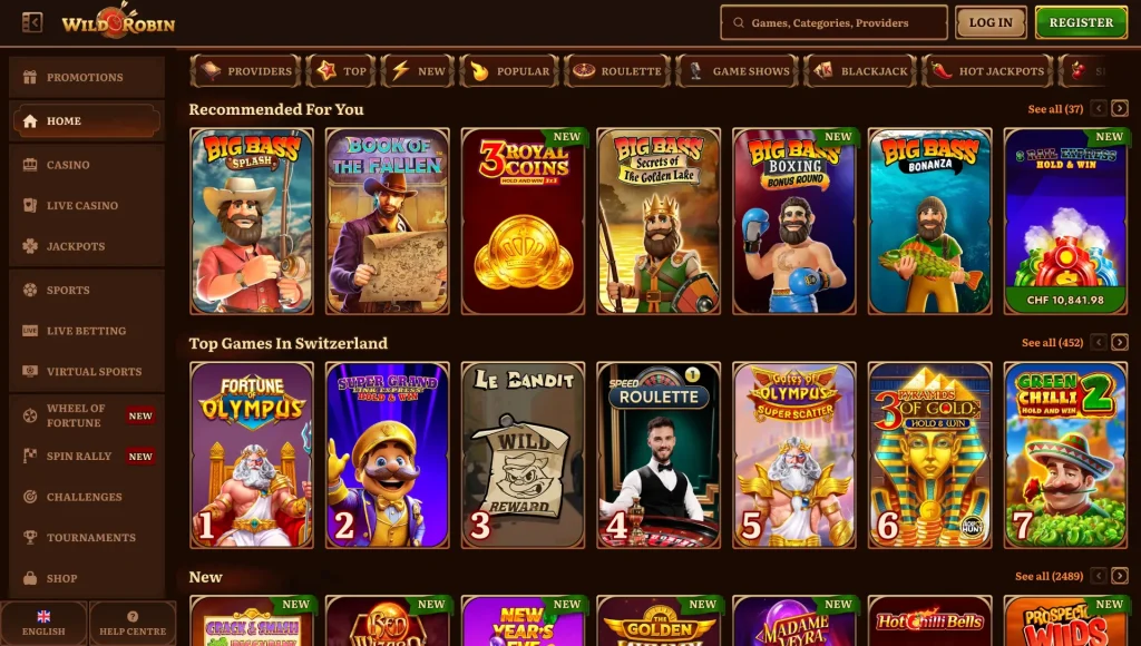 wildrobin casino main screen